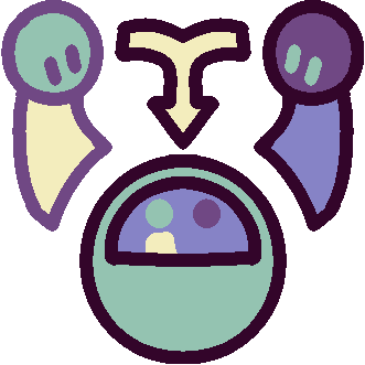 an arrow pointing from two people to a head with tiny silhouettes of them, in the colors of the kenochoric plural flag (three shades of purple, light green and yellow) 